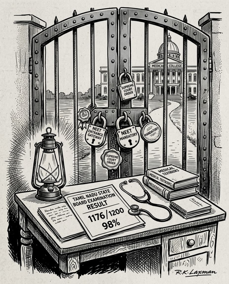 Black-and-white editorial illustration of a rural study desk displaying a 98% state board mark sheet and stethoscope before massive locked iron gates sealed with NEET court orders.