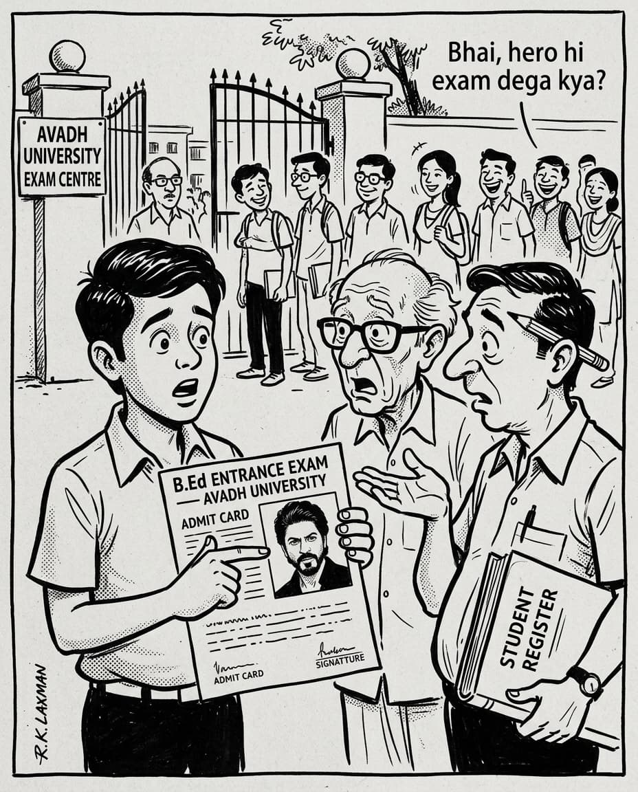 Black-and-white editorial cartoon of a student outside Avadh University pointing in surprise at his B.Ed admit card bearing a famous film star portrait as elderly exam clerks react in bewilderment.