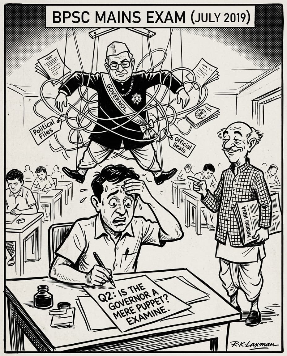Black-and-white editorial cartoon of a sweating civil service examinee facing a question paper reading Q2: Is the Governor a Mere Puppet? with a marionette Governor tangled in political files hovering above as the Common Man observes.