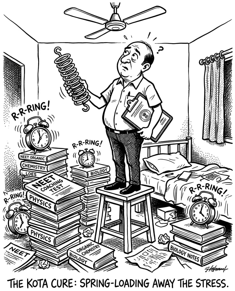 Black-and-white satirical editorial illustration of an administrative technician on a stool holding a giant mechanical spring under a ceiling fan amidst towering stacks of NEET textbooks and ringing alarm clocks.