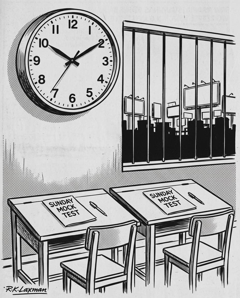 Black-and-white editorial illustration of two empty examination desks with unopened Sunday test papers under an oversized institutional wall clock overlooking Kota billboards.