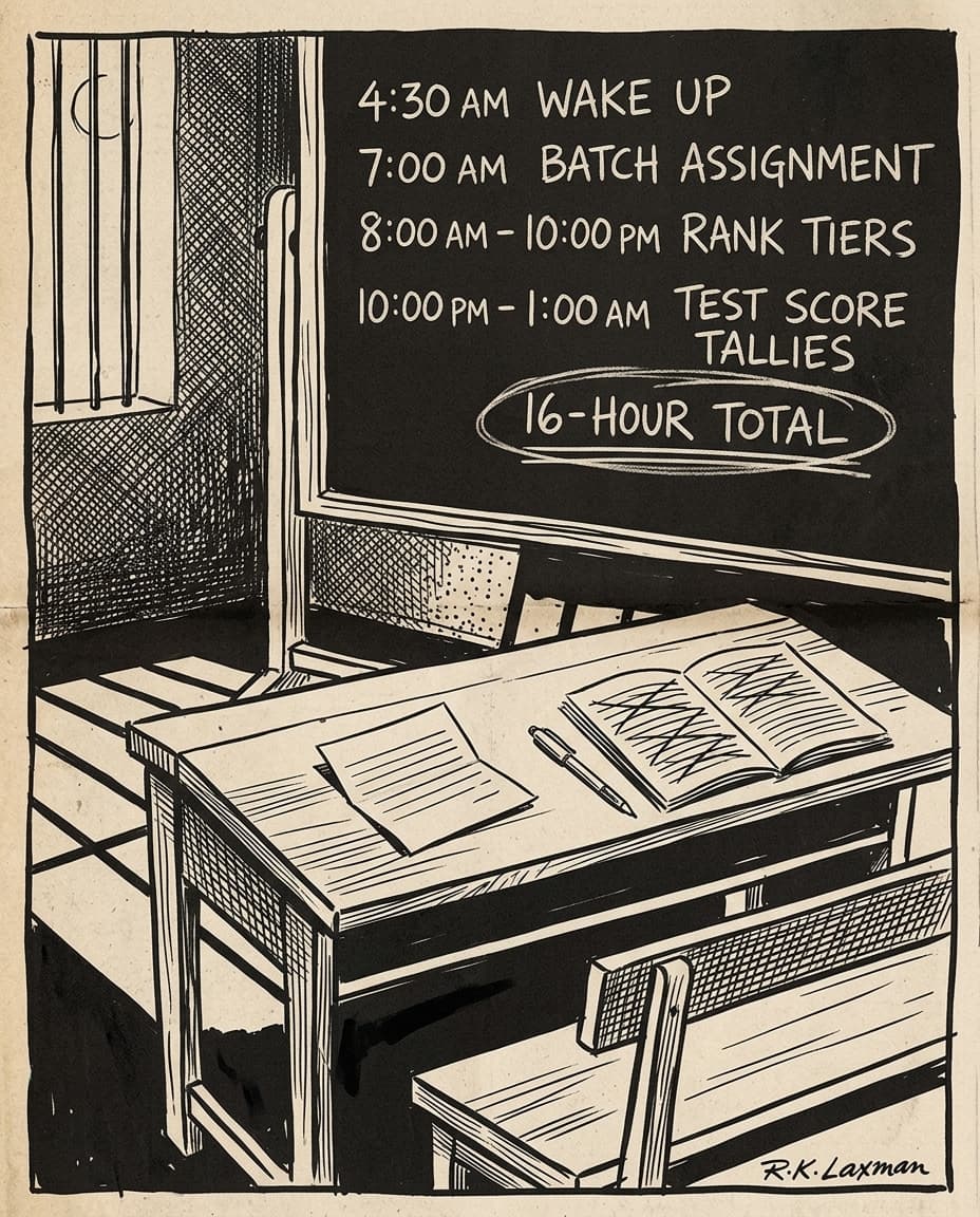 Black-and-white editorial illustration of a solitary handwritten note on a school bench beneath a blackboard filled with 16-hour study schedules and rank tiers.