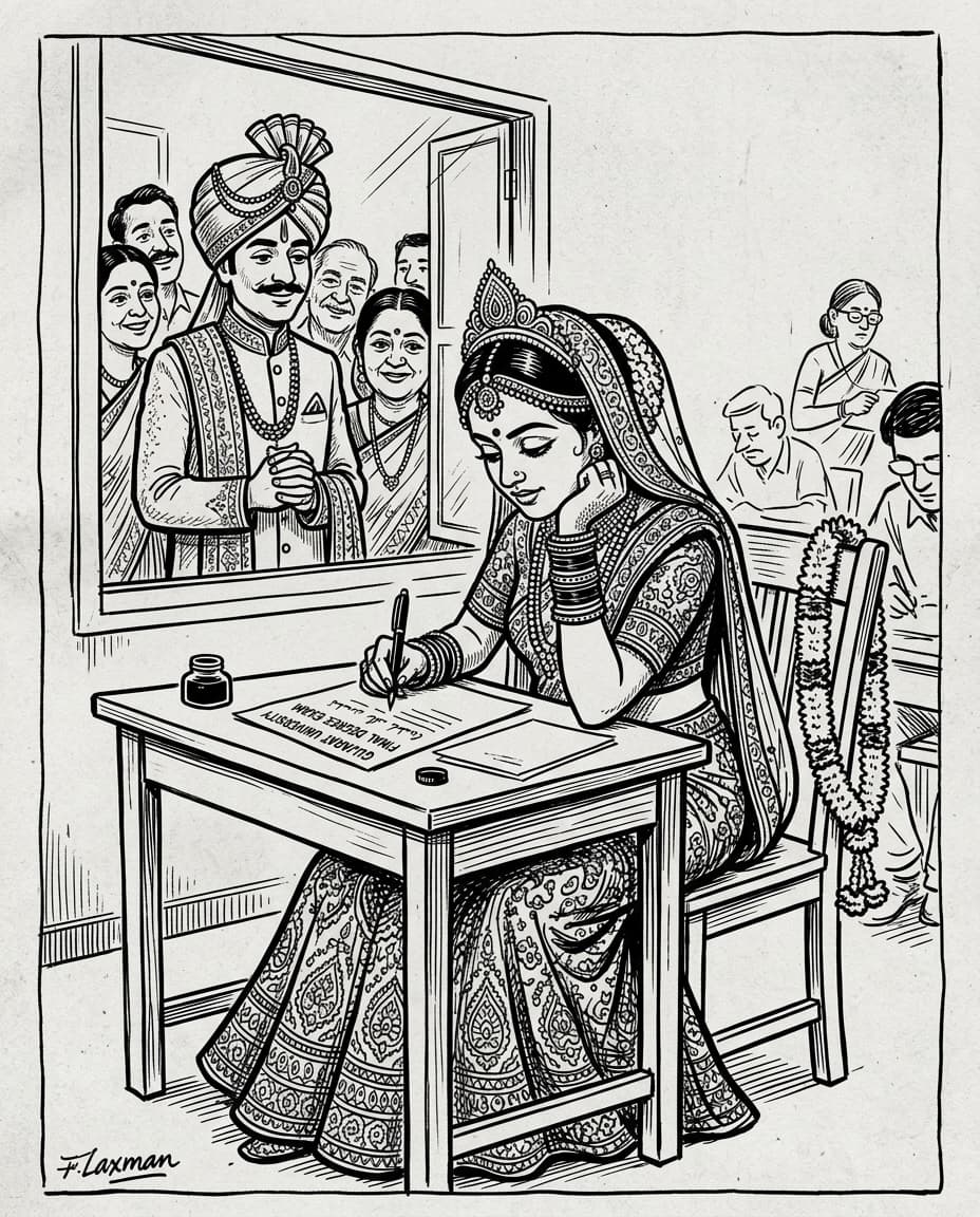 Black-and-white editorial illustration of a focused university student bride writing her degree paper in full wedding lehenga and jewelry with her floral garland draped over the chair while her groom and family look on with pride.