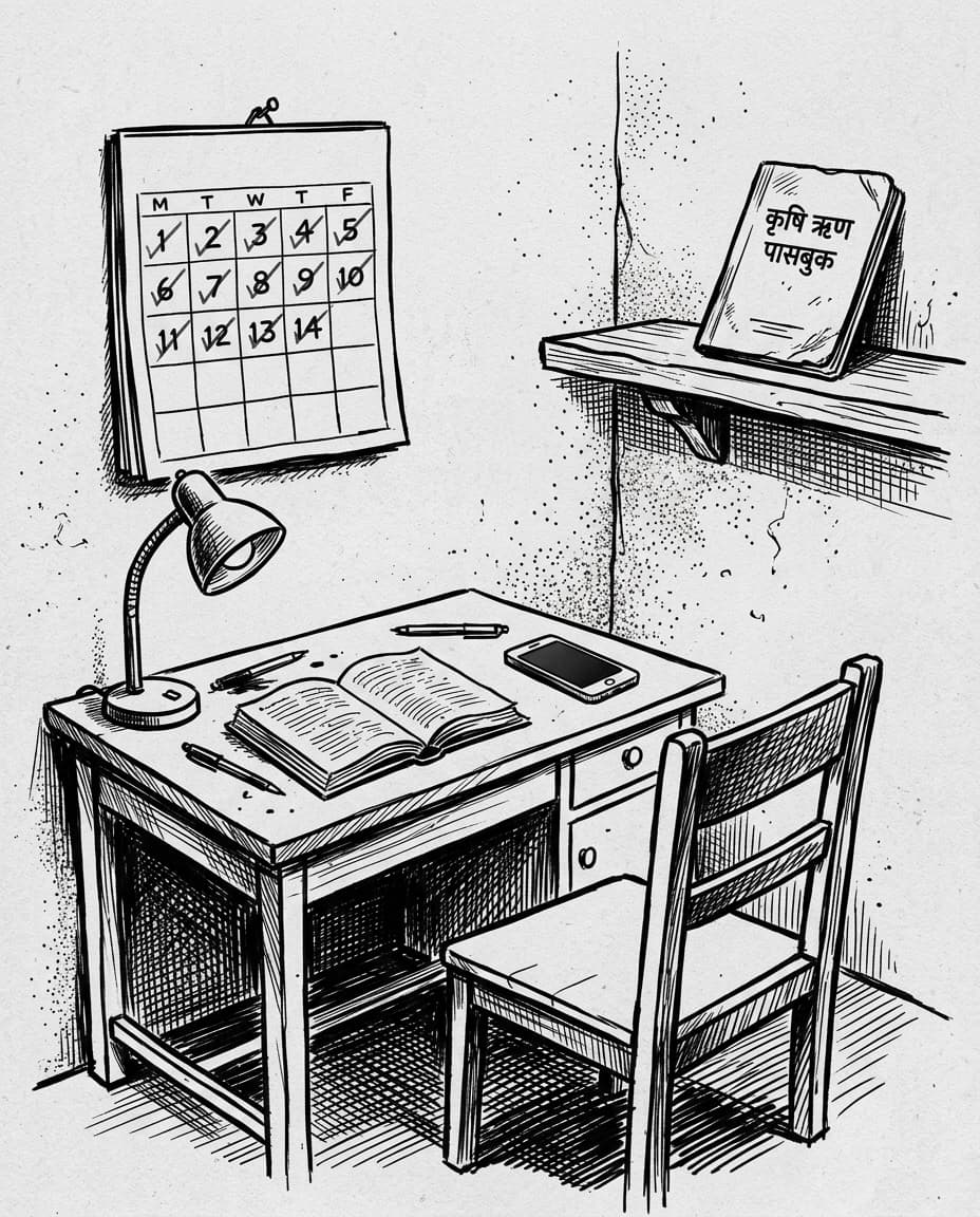 Black-and-white editorial illustration of an empty wooden desk and chair in a sparse student room beside a wall calendar with fourteen crossed-off days and a rural loan passbook.