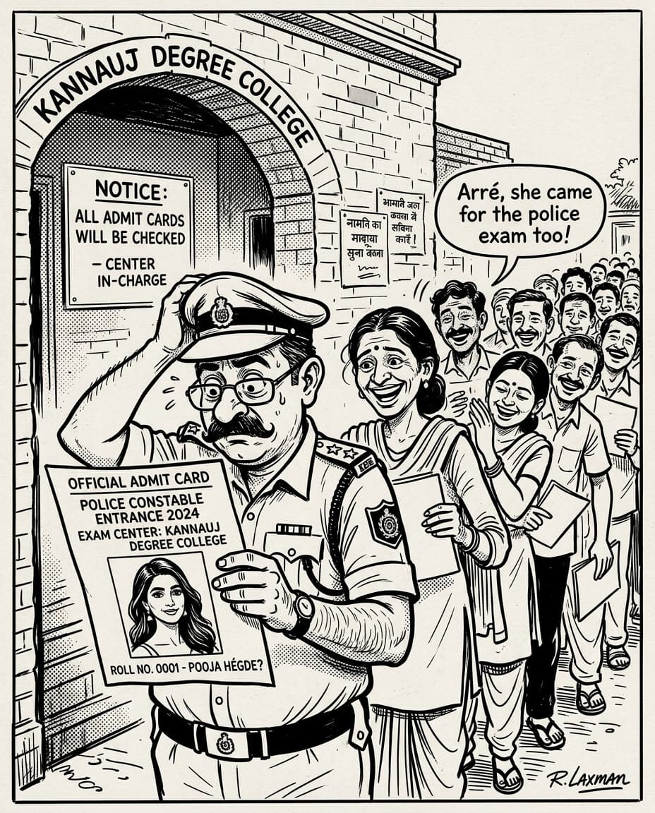 Black-and-white editorial cartoon of a rural police officer scratching his head at an exam gate while inspecting an admit card featuring a glamorous film star portrait as candidates chuckle.