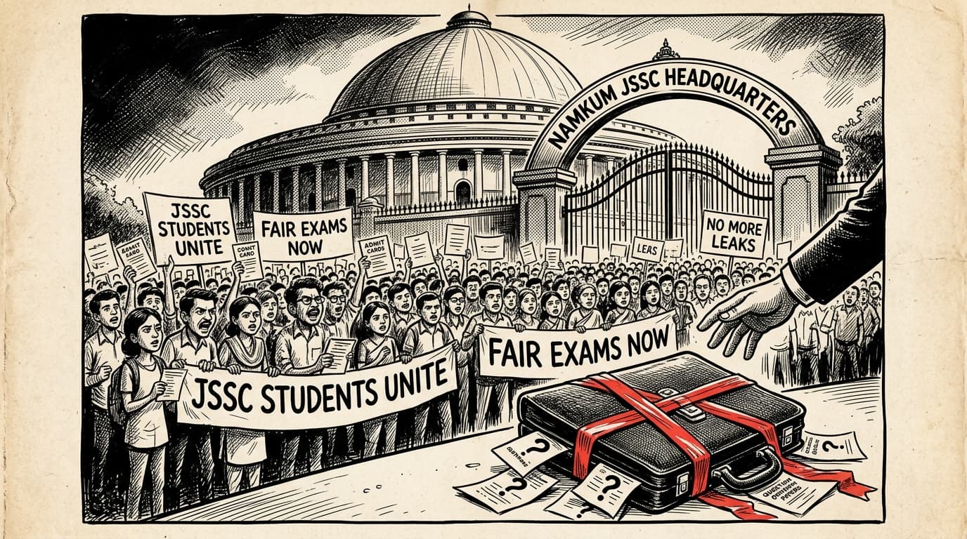 Black-and-white editorial illustration depicting the news story: The Assembly Conduit: Inside the Jharkhand JSSC CGL 2024 Paper Leak and the Siege of Namkum, drawn in classic Indian newspaper ink cartoon style.