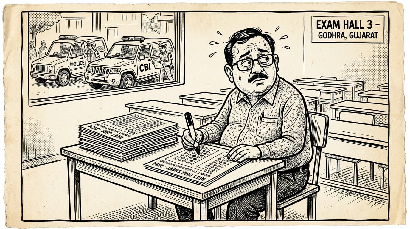 Black-and-white editorial illustration depicting the news story: The Blank Bubbles of Godhra: Inside the Schoolhouse Conspiracy to Rig NEET-UG, drawn in classic Indian newspaper ink cartoon style.
