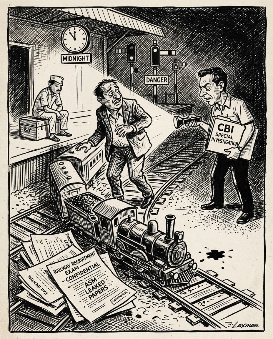 Black-and-white editorial cartoon of a toy train derailed on tracks over confidential railway recruitment exam papers caught in the beam of a CBI investigator flashlight while an honest candidate sits on his trunk.