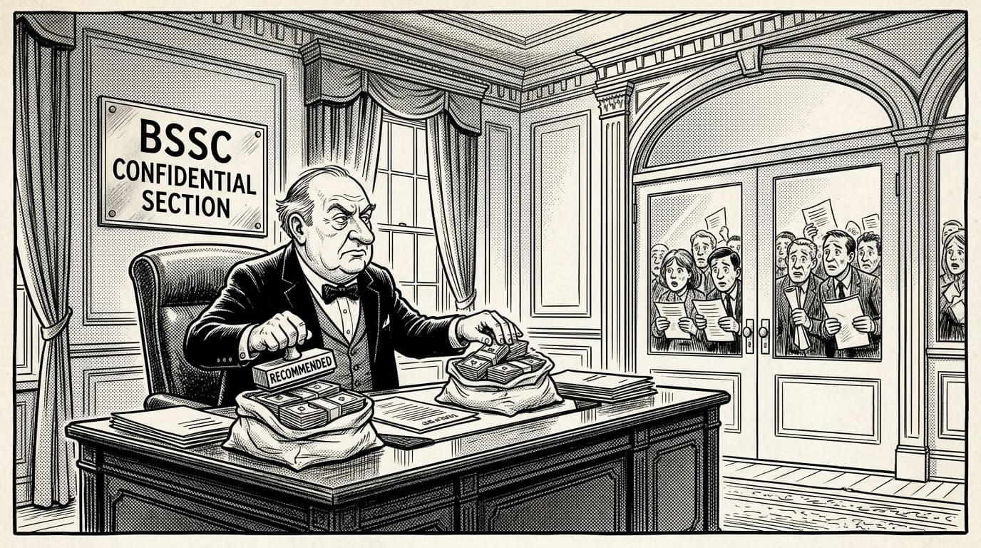 Black-and-white editorial illustration depicting the news story: The Chairman, drawn in classic Indian newspaper ink cartoon style.