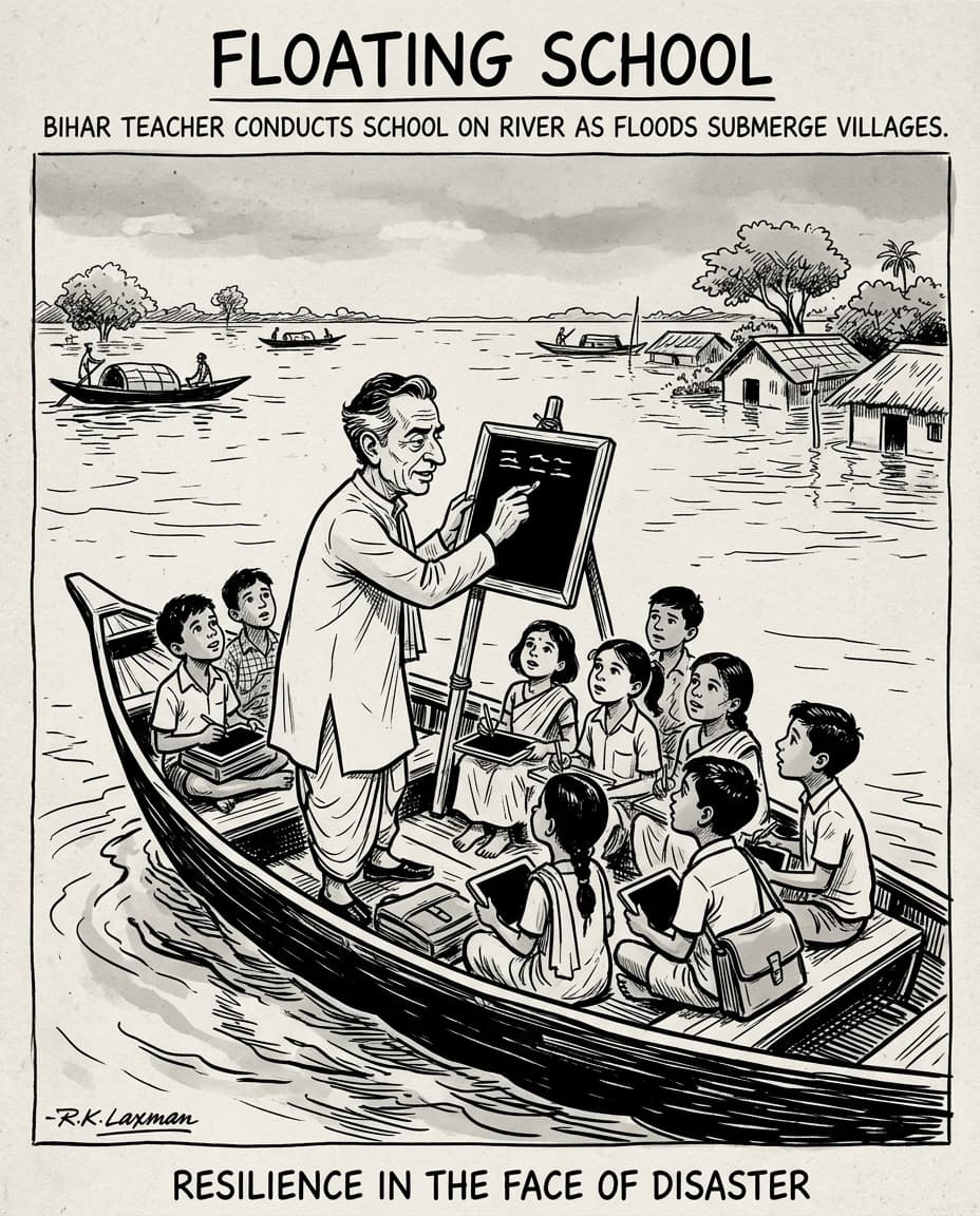 Black-and-white editorial illustration of a village schoolteacher conducting class on a traditional wooden boat carrying students and a blackboard across flooded river waters.