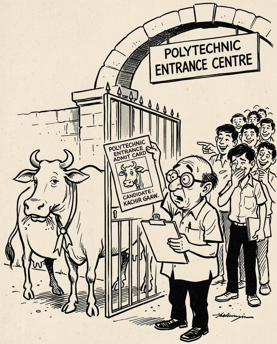 Black-and-white editorial illustration depicting the news story: The Cow Who Got Into Polytechnic, drawn in classic Indian newspaper ink cartoon style.