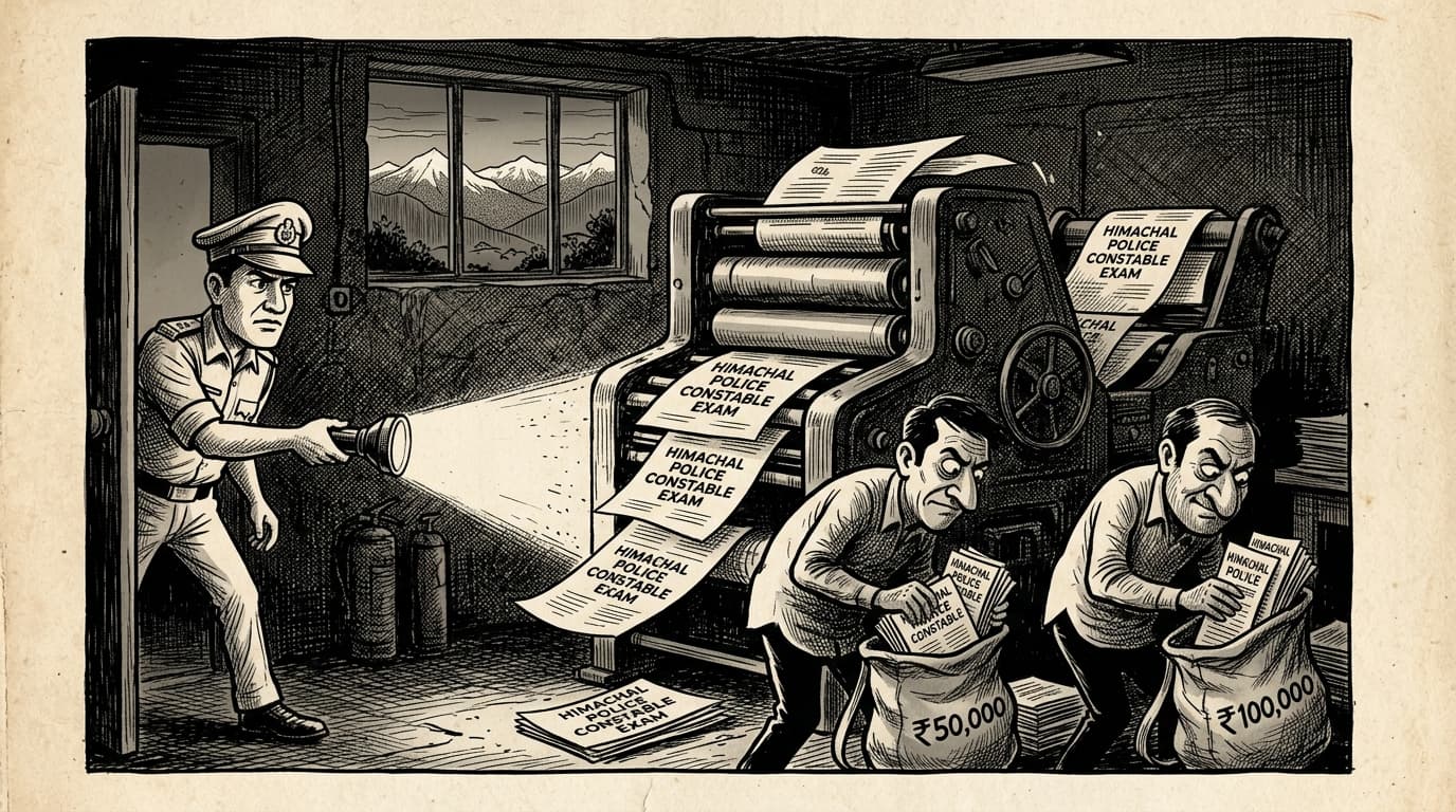 Black-and-white editorial illustration depicting the news story: The Dharamshala Question: Inside the Himachal Police Constable Paper Leak and the Delhi Printing Press Heist, drawn in classic Indian newspaper ink cartoon style.