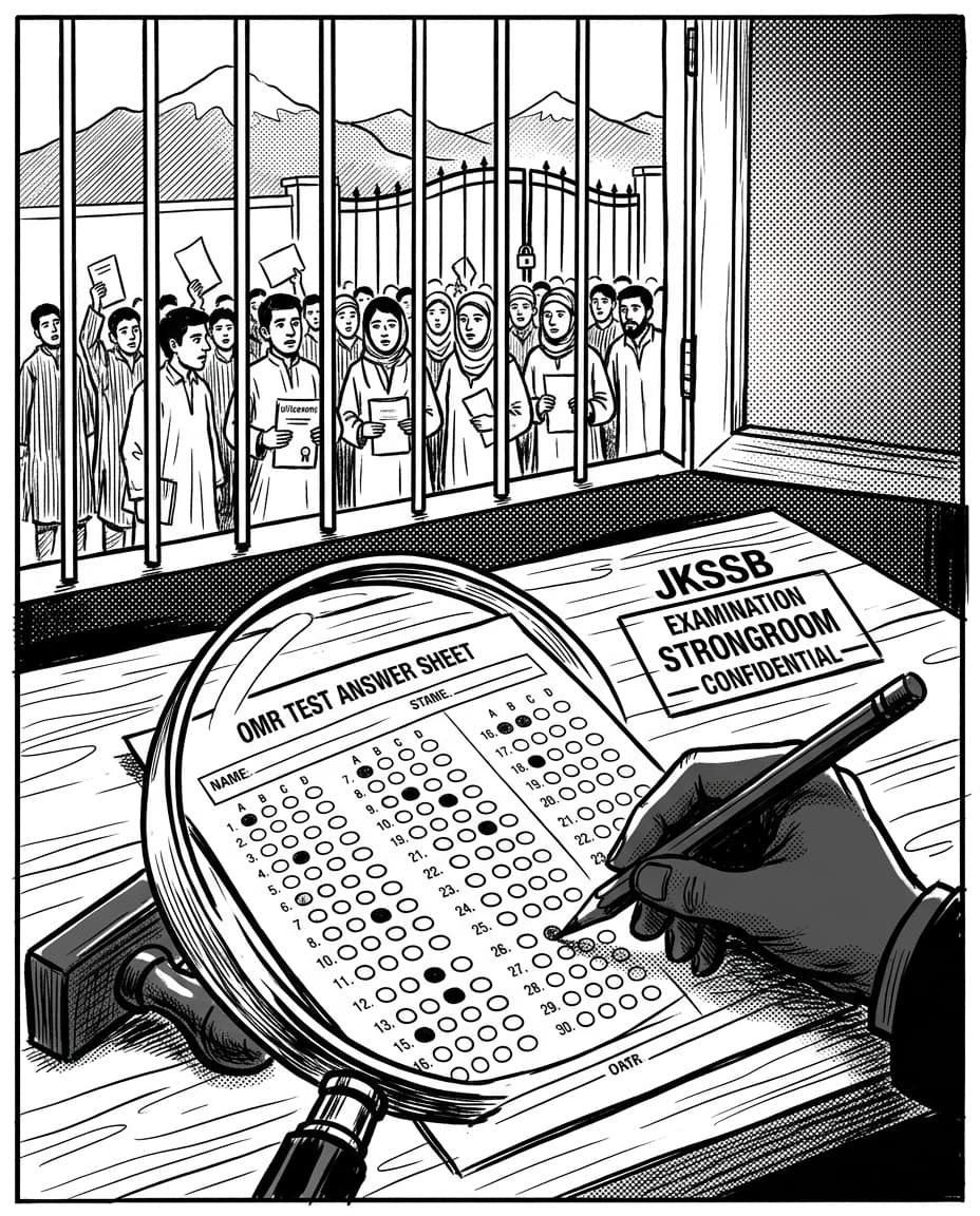 Black-and-white editorial illustration depicting the news story: The Doctored Bubbles of Srinagar: Inside the JKSSB Fast-Track OMR Infiltration and the Battle for Kashmir, drawn in classic Indian newspaper ink cartoon style.