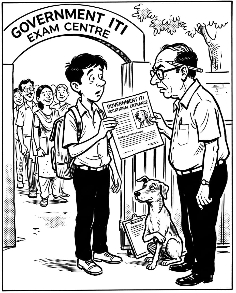 Black-and-white editorial illustration depicting the news story: The Dog Who Almost Wrote the ITI Exam, drawn in classic Indian newspaper ink cartoon style.