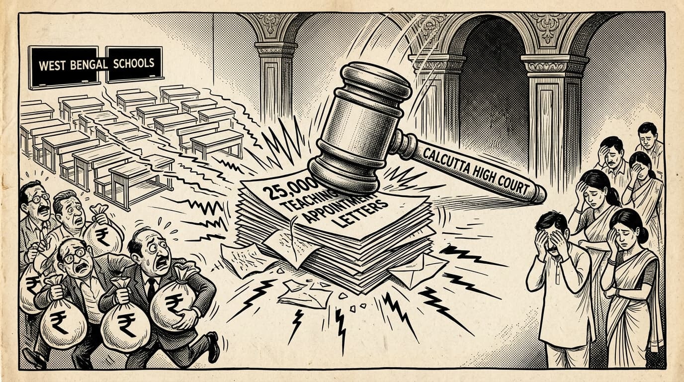 Black-and-white editorial illustration depicting the news story: The Fall of Twenty-Five Thousand: Inside the Bengal SSC Cash-for-Jobs Nexus and the Voiding of an Entire Generation of Teachers, drawn in classic Indian newspaper ink cartoon style.