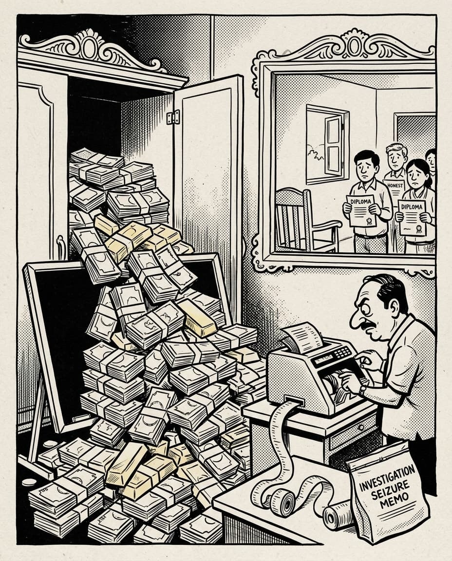Black-and-white editorial illustration depicting the news story: The Fifty-Crore Flats: Inside the West Bengal Primary TET Cash-for-Jobs Scandal, the Fall of Partha Chatterjee, and the Judicial Purge of 32,000 Teachers, drawn in classic Indian newspaper ink cartoon style.