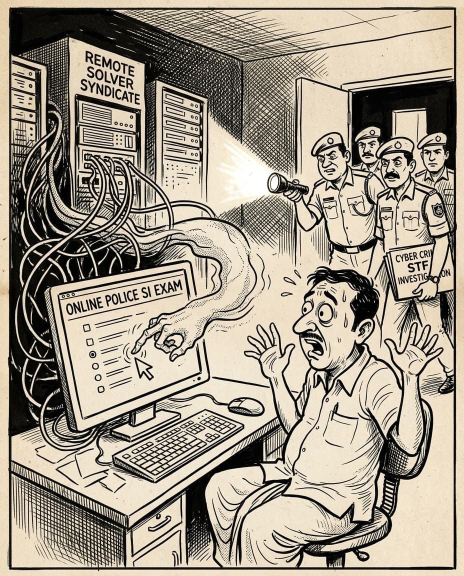 Black-and-white editorial illustration depicting the news story: The Ghost Cursors of Meerut: How Remote Screen-Sharing, Rigged Local Area Networks, and an NSEIT Cyber Breach Blew Apart the 2017 UP Police Sub-Inspector Online Exam, drawn in classic Indian newspaper ink cartoon style.