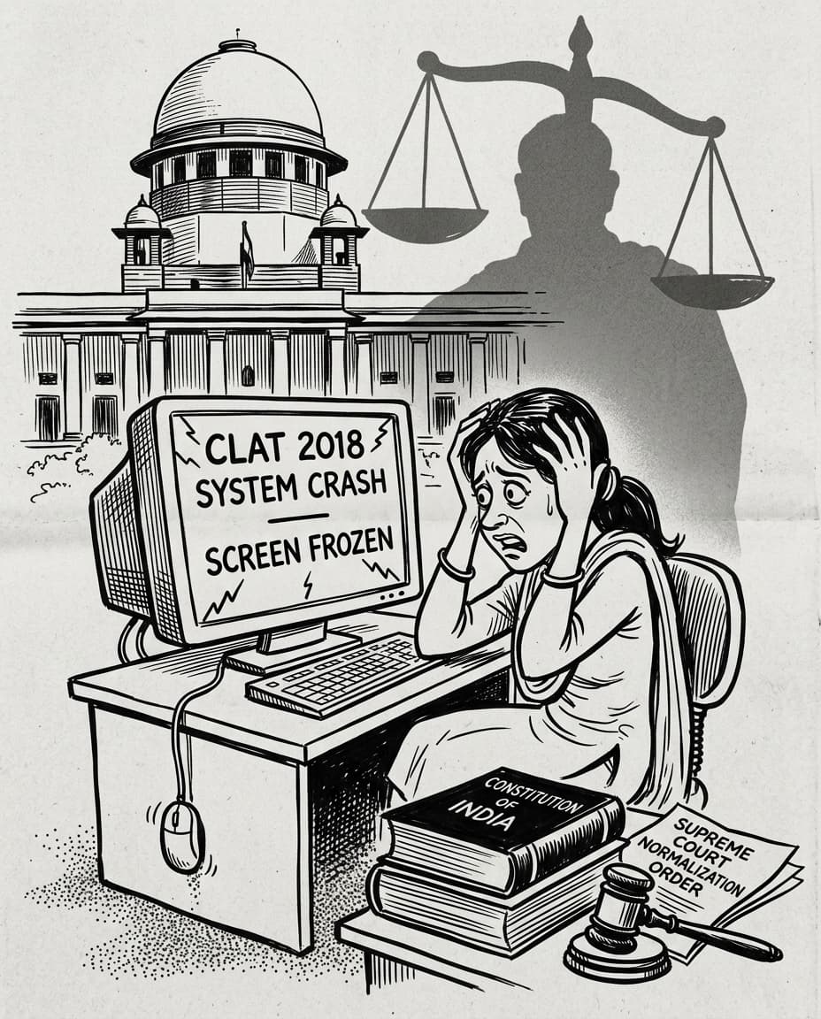 Black-and-white editorial illustration depicting the news story: The Glitched Screens of Sify: Inside the CLAT 2018 Online Collapse, the Supreme Court, drawn in classic Indian newspaper ink cartoon style.