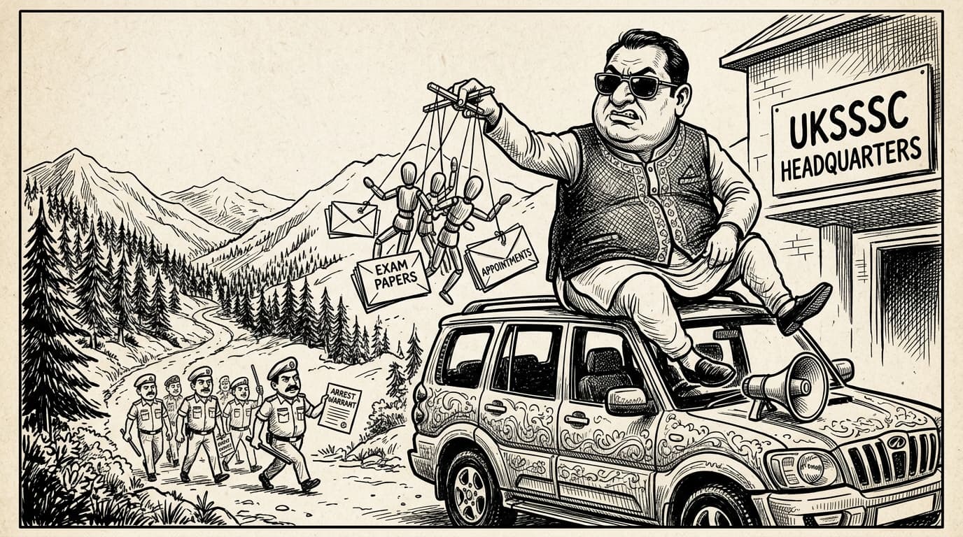 Black-and-white editorial illustration depicting the news story: The Kingpin of the Pines: Inside the Uttarakhand UKSSSC Paper Leak and the Lucknow Printing Press Breach, drawn in classic Indian newspaper ink cartoon style.