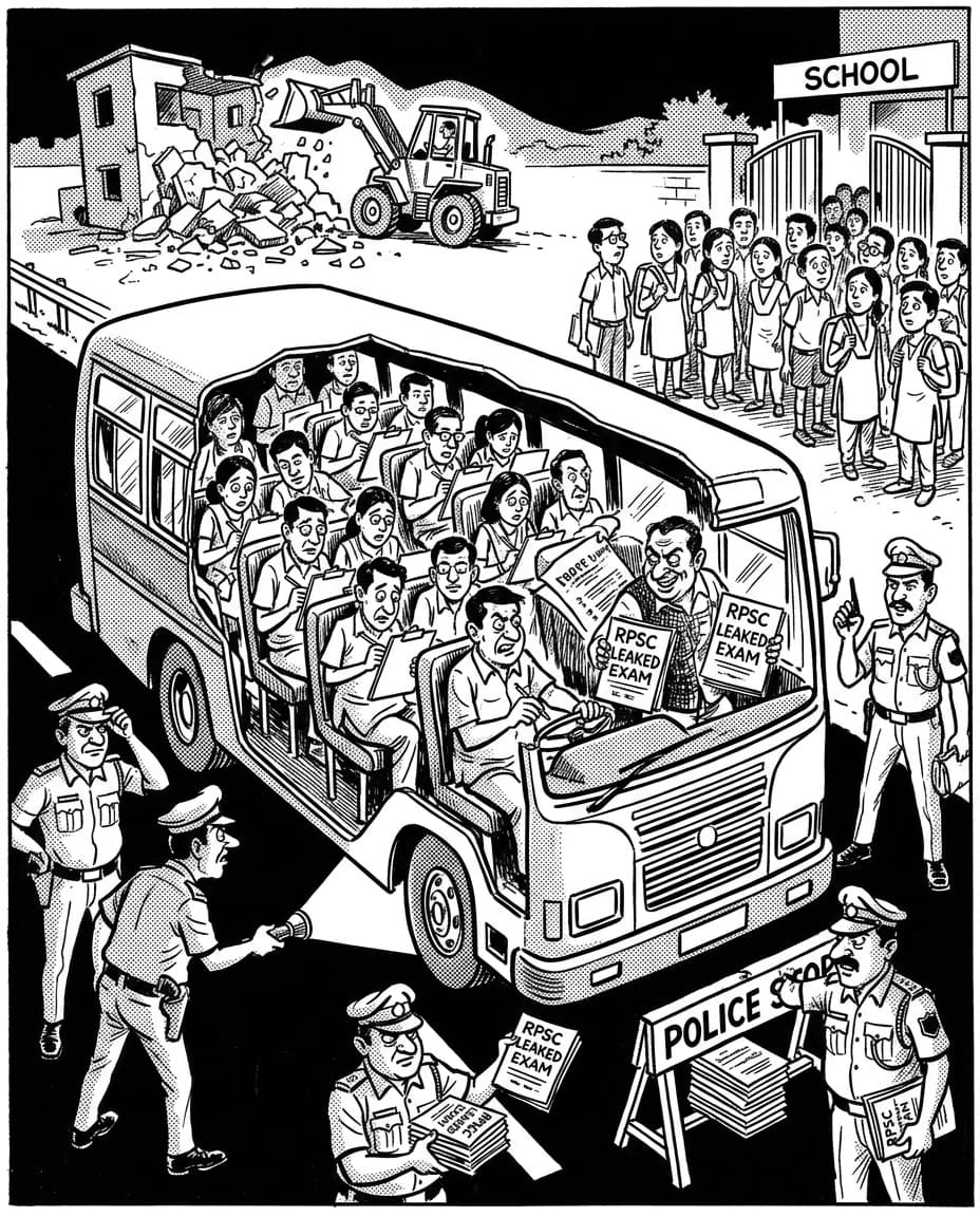 Black-and-white editorial illustration depicting the news story: The Highway Bus of Udaipur: Inside the 2022 RPSC 2nd Grade Teacher Leak, the Fall of a Commission Member, and the Bulldozers of Jaipur, drawn in classic Indian newspaper ink cartoon style.