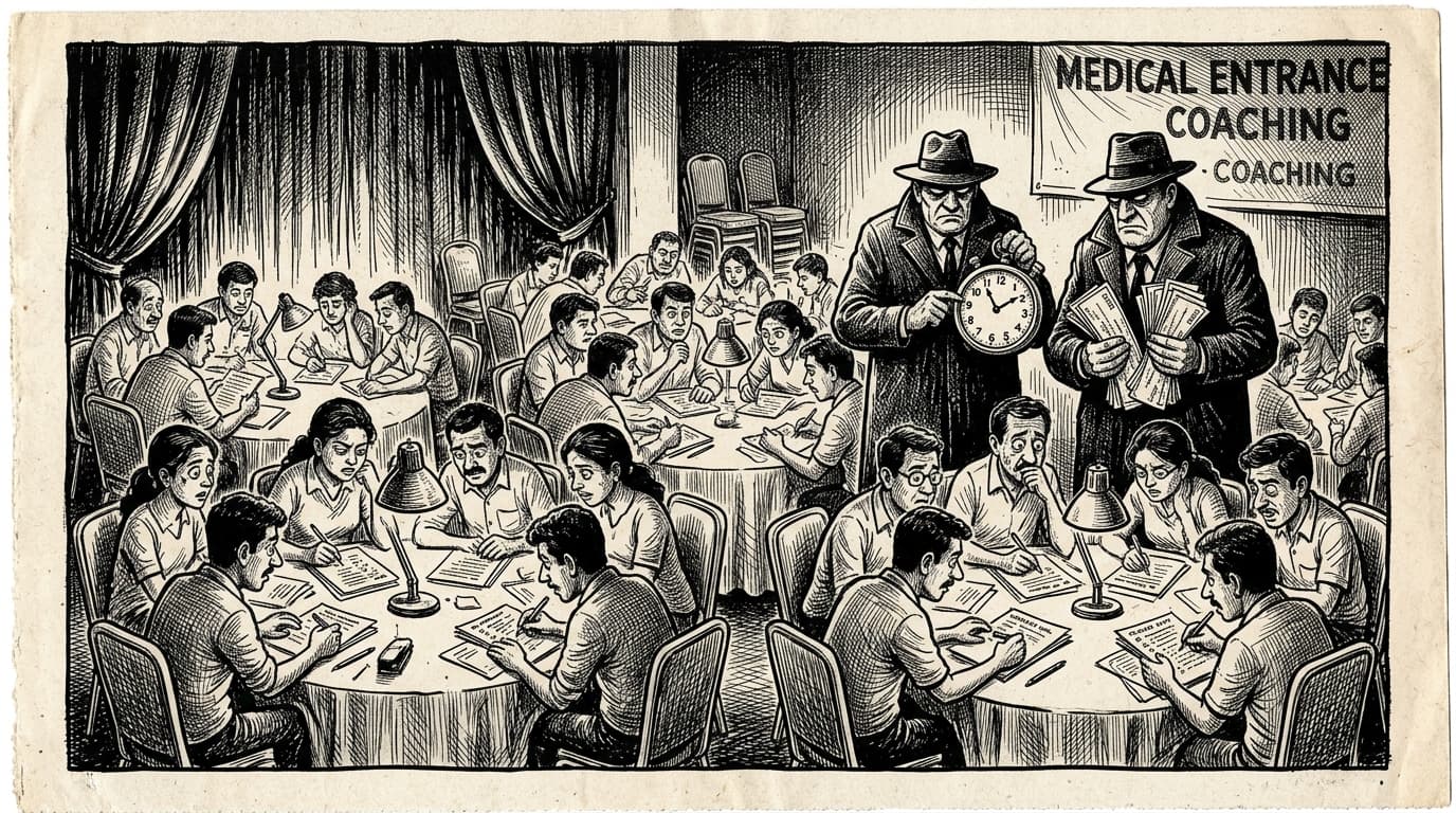 Black-and-white editorial illustration depicting the news story: The Air-Conditioned Solver Camps: Inside the Telangana EAMCET-II Paper Leak and the Death of State Medical Entrance Tests, drawn in classic Indian newspaper ink cartoon style.