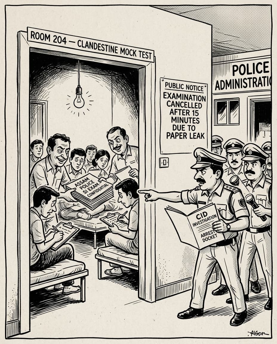 Black-and-white editorial illustration depicting the news story: The Hotel Mock Test: Inside the 2020 Assam Police Sub-Inspector Paper Leak, the SP Office Breach, and the Fall of a Khaki Dynasty, drawn in classic Indian newspaper ink cartoon style.
