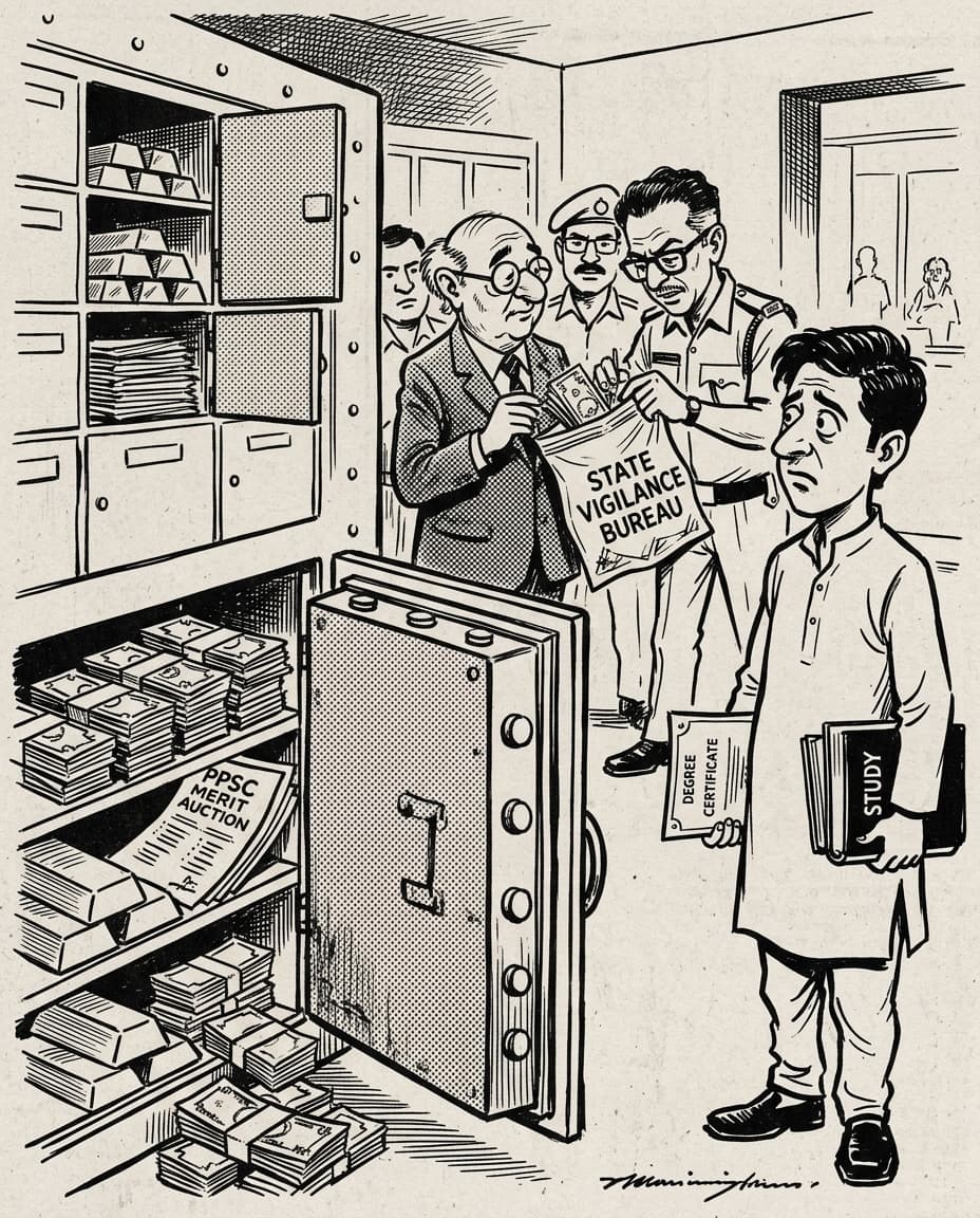Black-and-white editorial illustration depicting the news story: The Lockers of Baradari Gardens: Inside the PPSC Cash-for-Jobs Scandal, the Trap of Ravinderpal Sidhu, and the Dismantling of a Rigged Civil Service, drawn in classic Indian newspaper ink cartoon style.