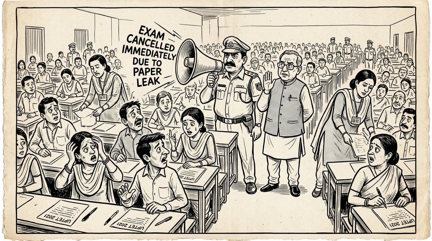 Black-and-white editorial illustration depicting the news story: The Mid-Exam Interruption: Inside the UPTET WhatsApp Breach and the Twenty-Lakh Bus Ride, drawn in classic Indian newspaper ink cartoon style.