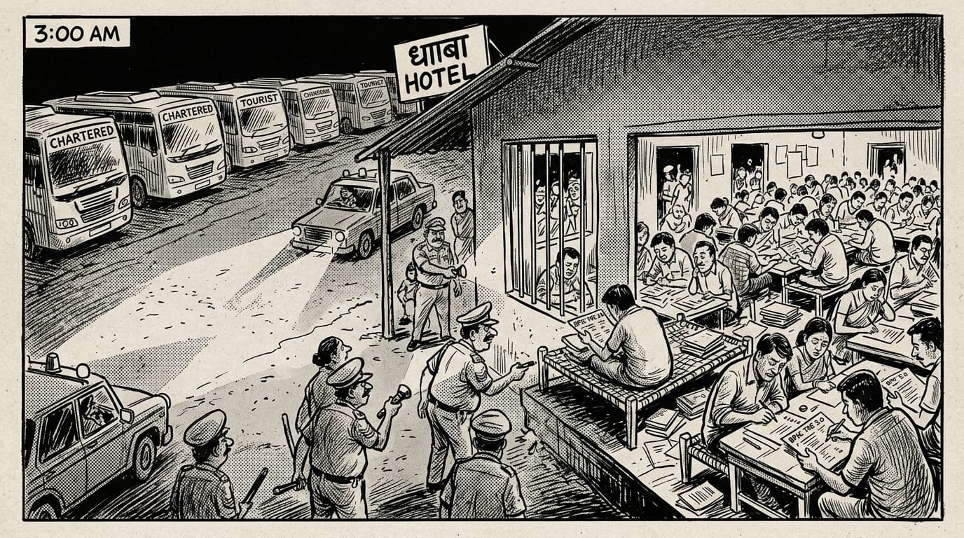 Black-and-white editorial illustration depicting the news story: The Midnight Convoy to Hazaribagh: Inside the BPSC TRE 3.0 Paper Leak, drawn in classic Indian newspaper ink cartoon style.