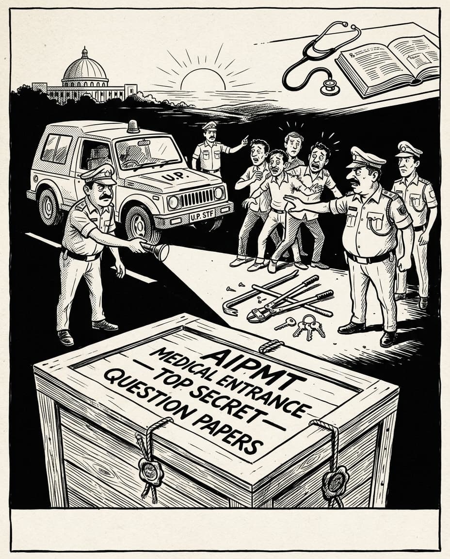 Black-and-white editorial illustration depicting the news story: The Midnight Heist at Sahibabad: How the UP STF Foiled the 2009 AIPMT Transit Ambush and Saved a Quarter-Million Medical Dreams, drawn in classic Indian newspaper ink cartoon style.