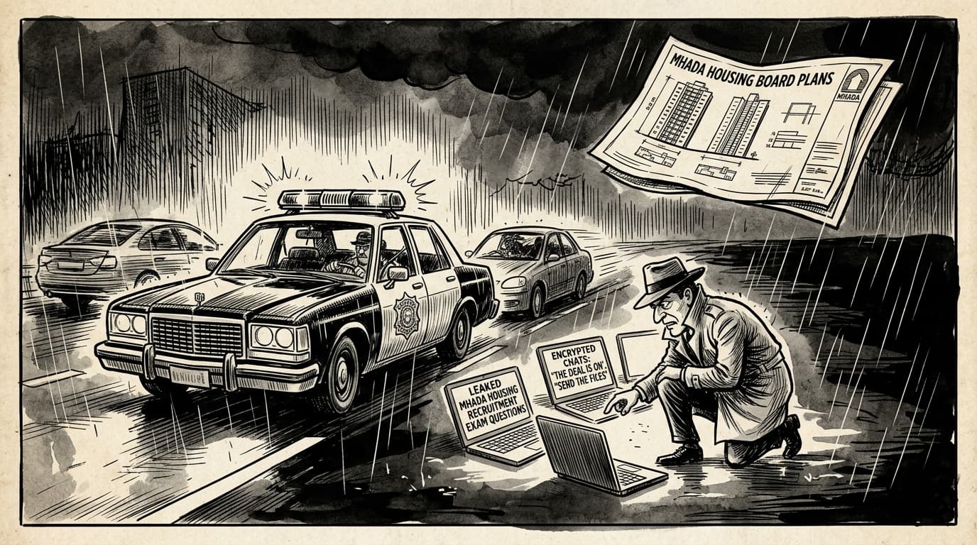 Black-and-white editorial illustration depicting the news story: The Midnight Chase on the Expressway: Inside the Maharashtra MHADA Paper Leak and the GA Software Syndicate, drawn in classic Indian newspaper ink cartoon style.
