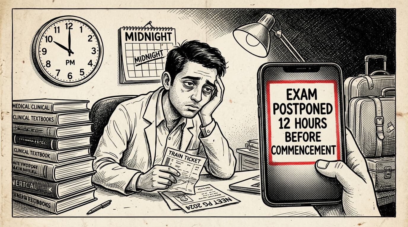 Black-and-white editorial illustration depicting the news story: The Midnight Pause: Inside the Eleven-Hour Panic that Halted NEET-PG 2024 and Stranded Two Lakh Doctors, drawn in classic Indian newspaper ink cartoon style.