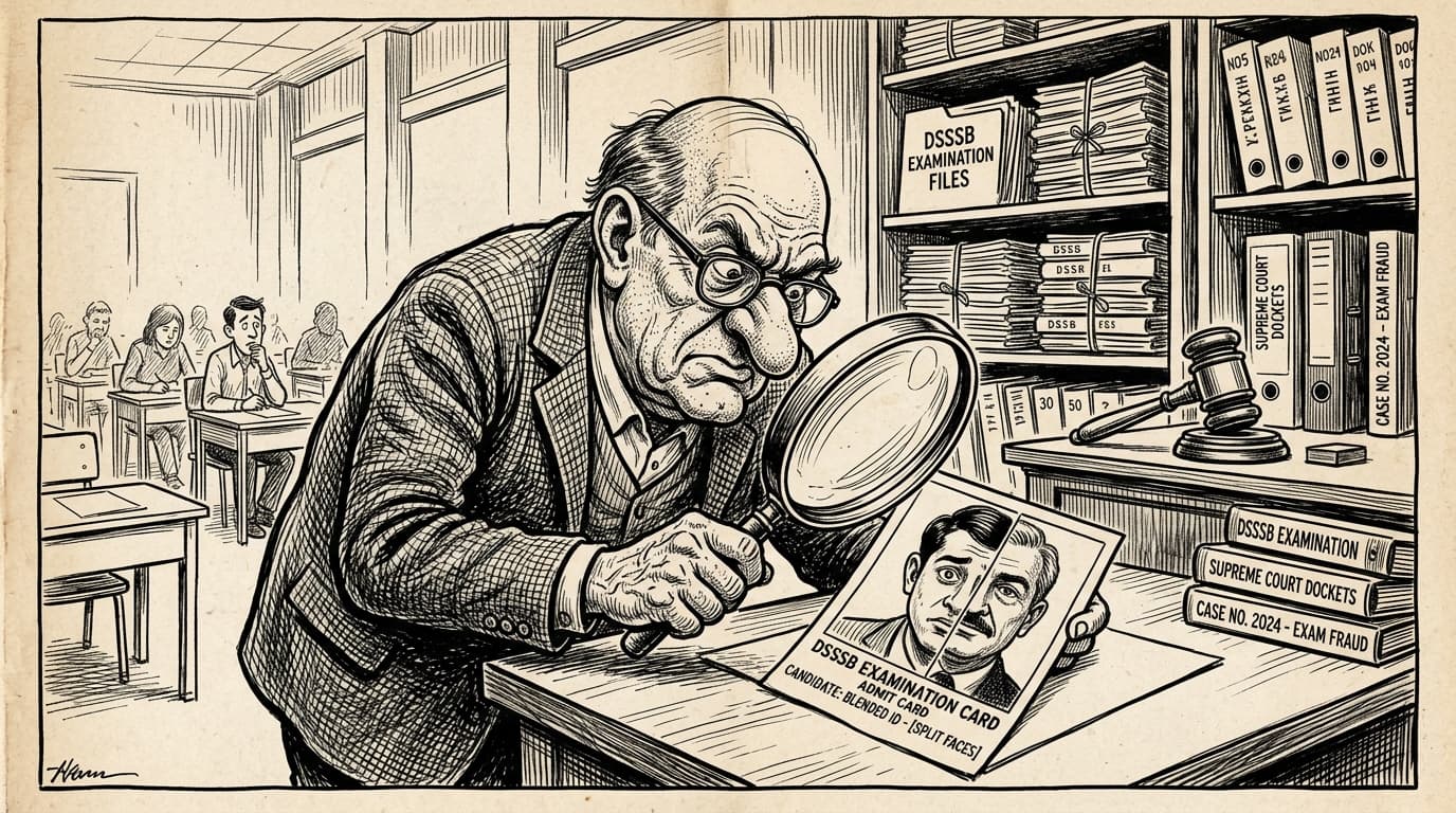 Black-and-white editorial illustration depicting the news story: The Morphed Faces of Karkardooma: Inside the DSSSB Teacher Recruitment Solver Ring and the Supreme Court, drawn in classic Indian newspaper ink cartoon style.