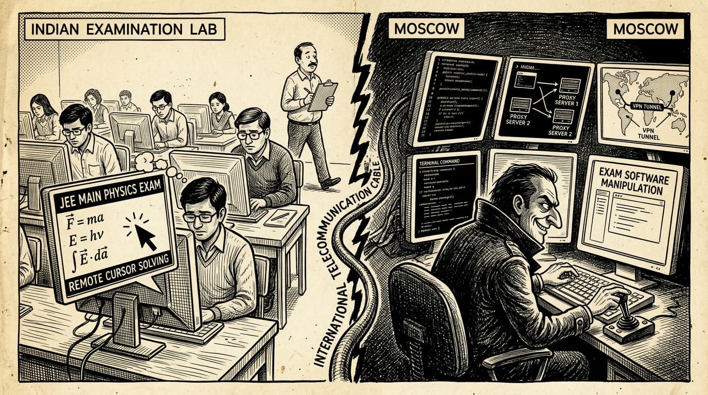 Black-and-white editorial illustration depicting the news story: The Moscow Connection: How a Russian Hacker Pierced India\, drawn in classic Indian newspaper ink cartoon style.