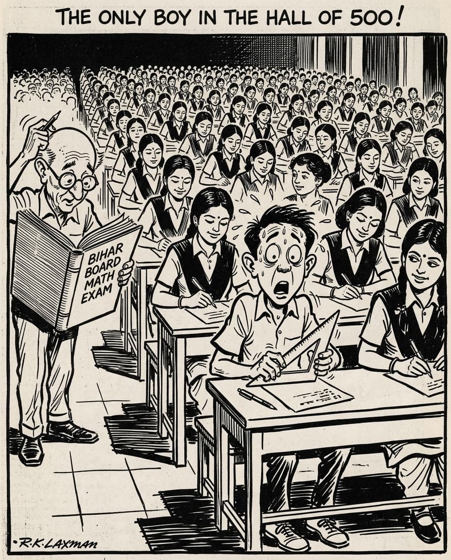 Black-and-white editorial cartoon of a nervous teenage boy sweating in panic at a solitary desk in an examination hall filled with 500 female students while a confused invigilator checks the roster.