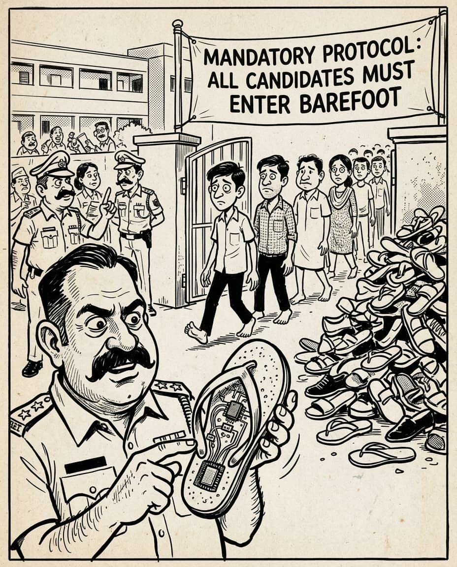 Black-and-white editorial illustration depicting the news story: The Six-Lakh Chappal: Bluetooth Soles, Magnetic Earpieces, and the Wearable-Tech Cheating Ring That Made 1.6 Million REET Candidates Write Barefoot, drawn in classic Indian newspaper ink cartoon style.