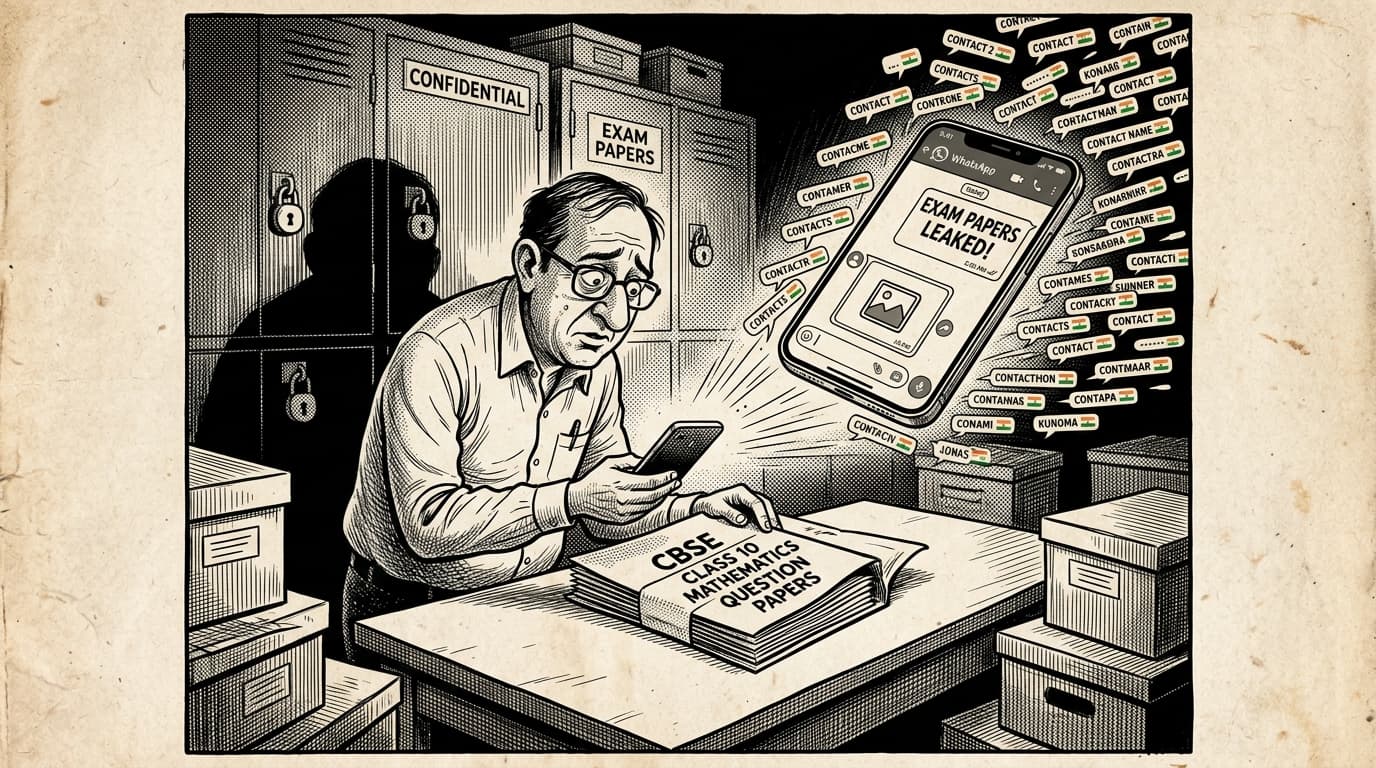 Black-and-white editorial illustration depicting the news story: The Smartphone in the Strongroom: Inside the CBSE 2018 WhatsApp Leak and the Siege of Preet Vihar, drawn in classic Indian newspaper ink cartoon style.