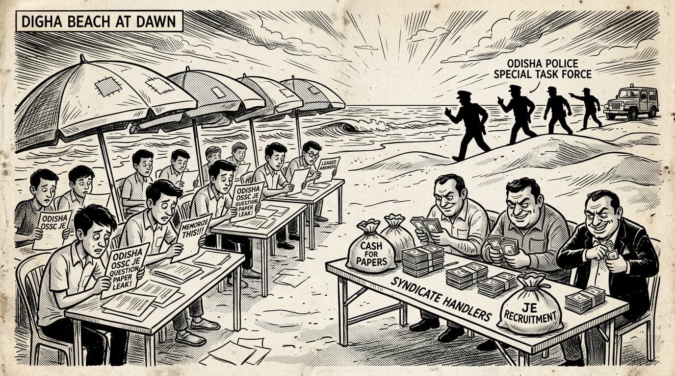 Black-and-white editorial illustration depicting the news story: The Solvers of Digha Beach: How a Kolkata Press Breach Sank the Odisha Junior Engineer Exam, drawn in classic Indian newspaper ink cartoon style.