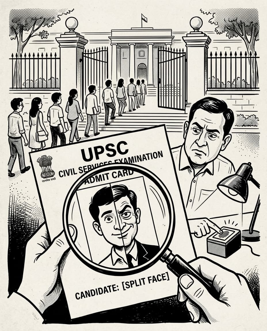 Black-and-white editorial illustration depicting the news story: The Spliced Faces of Dholpur House: Inside the 2007 UPSC Civil Services Impersonation Case, the Chemical Forgers, and the Dawn of Biometric Governance, drawn in classic Indian newspaper ink cartoon style.