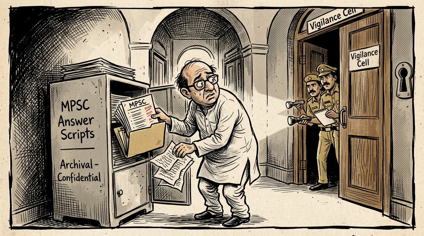 Black-and-white editorial illustration depicting the news story: The Swapped Scripts of Mantralaya: Inside the Maharashtra Public Service Commission, drawn in classic Indian newspaper ink cartoon style.