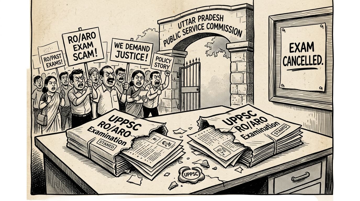 Black-and-white editorial illustration depicting the news story: The Twin Breach: Inside the Dual Leaks That Brought Down the UPPSC RO/ARO Exam, drawn in classic Indian newspaper ink cartoon style.