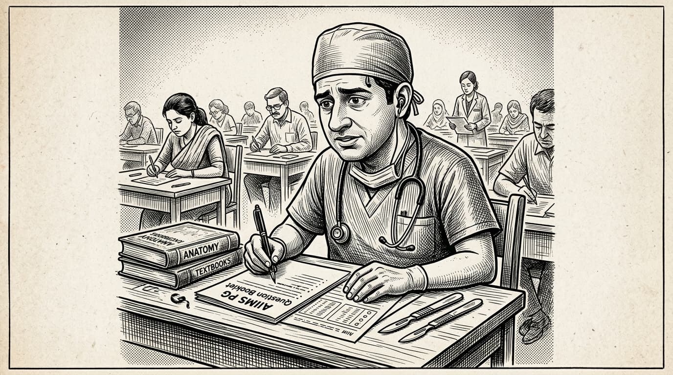 Black-and-white editorial illustration depicting the news story: The Whispering Scalpels: Inside the AIIMS PG 2009 High-Tech Solver Hub and the Dawn of Cyber Infiltration, drawn in classic Indian newspaper ink cartoon style.