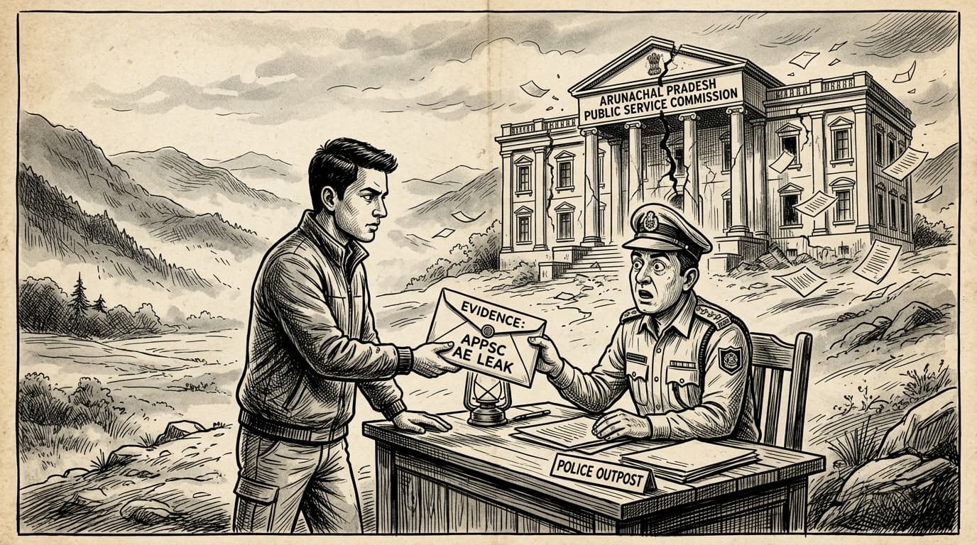 Black-and-white editorial illustration depicting the news story: The Whistleblower of Kurung Kumey: Inside the APPSC Assistant Engineer Leak and the Fall of a Constitutional Commission, drawn in classic Indian newspaper ink cartoon style.