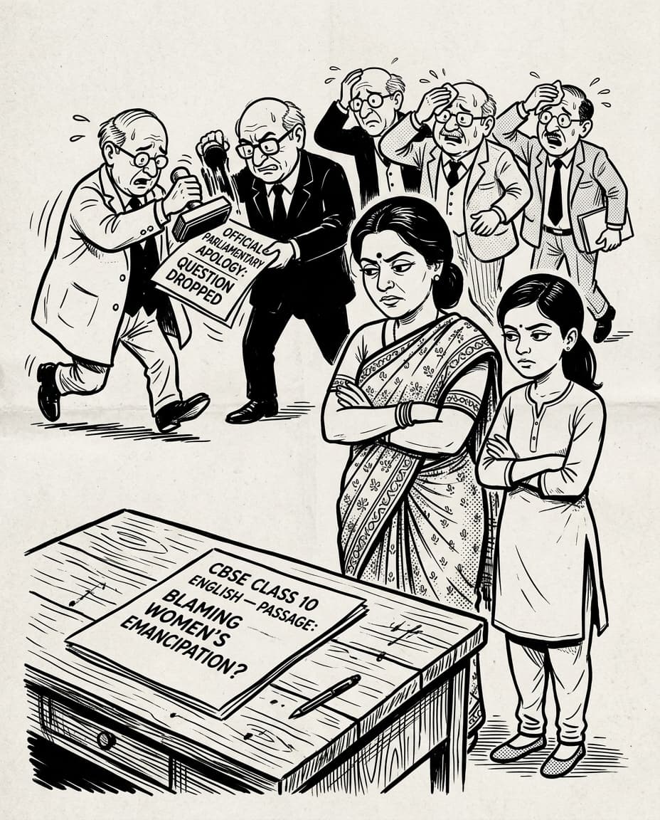 Black-and-white editorial cartoon of an Indian mother and teenage daughter with crossed arms glaring at a CBSE English exam paper blaming women emancipation while frazzled education board officials hurry with an official apology stamp.