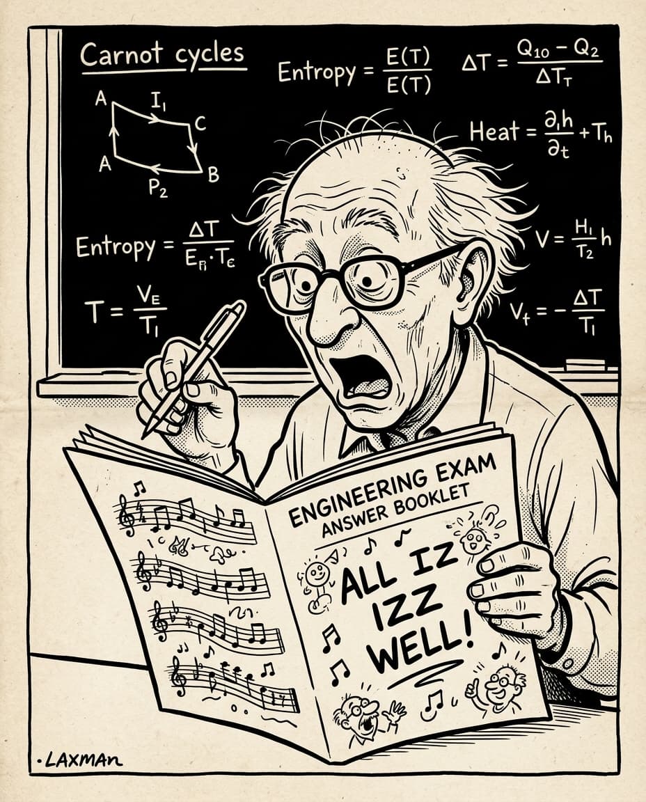 Black-and-white editorial cartoon of an engineering professor clutching his head in shock while grading an exam booklet filled with Bollywood lyrics "All Izz Well" and musical notes.