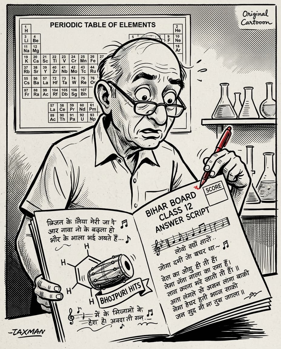 Black-and-white editorial cartoon of a chemistry examiner staring in shock at an answer script where a benzene ring is drawn as a dholak drum surrounded by Bhojpuri song lyrics and musical notes in Devnagari.