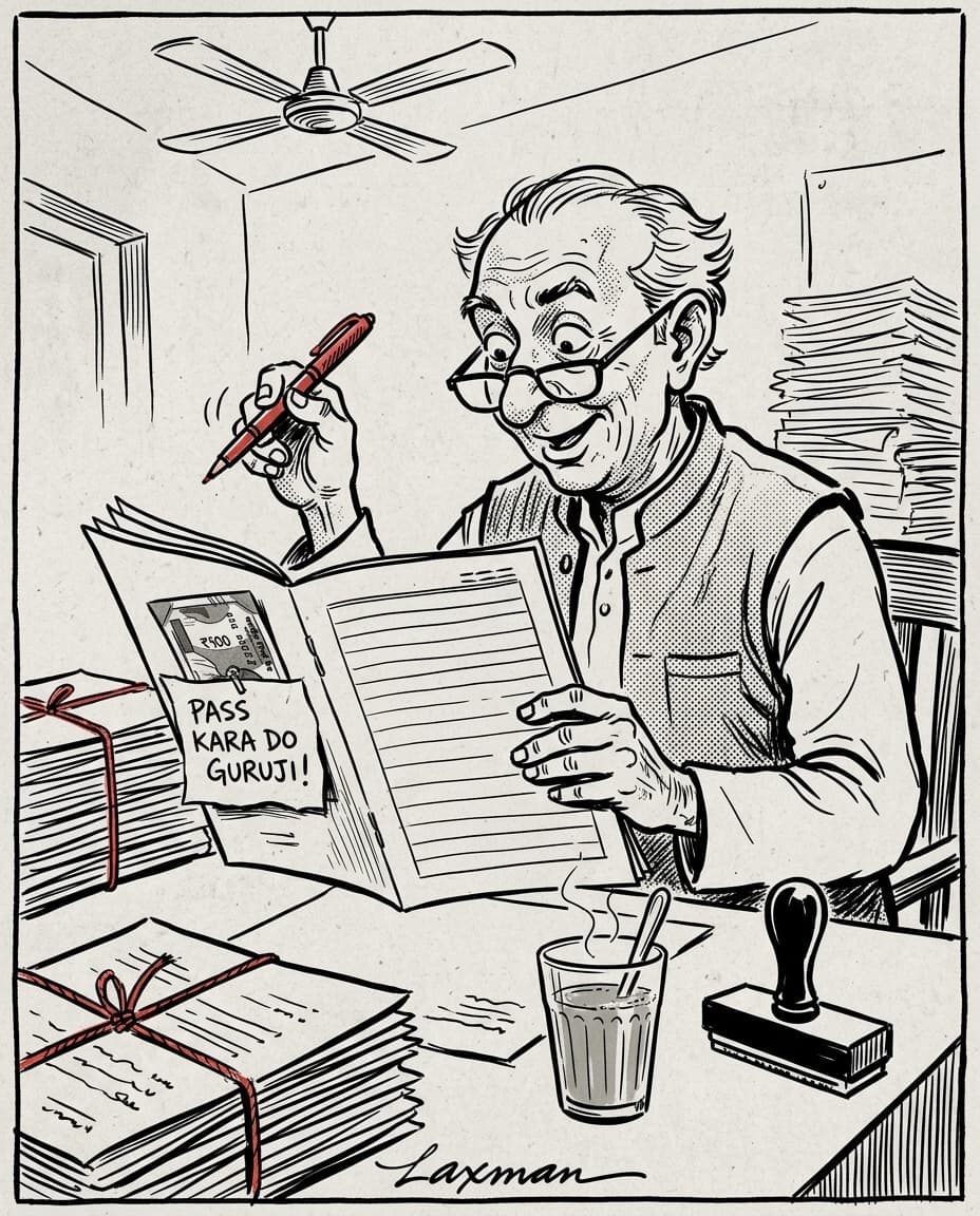 Black-and-white editorial cartoon of an elderly board examiner discovering a stapled ₹500 note and an emotional plea chit inside a student answer script amidst stacks of tied paper bundles.