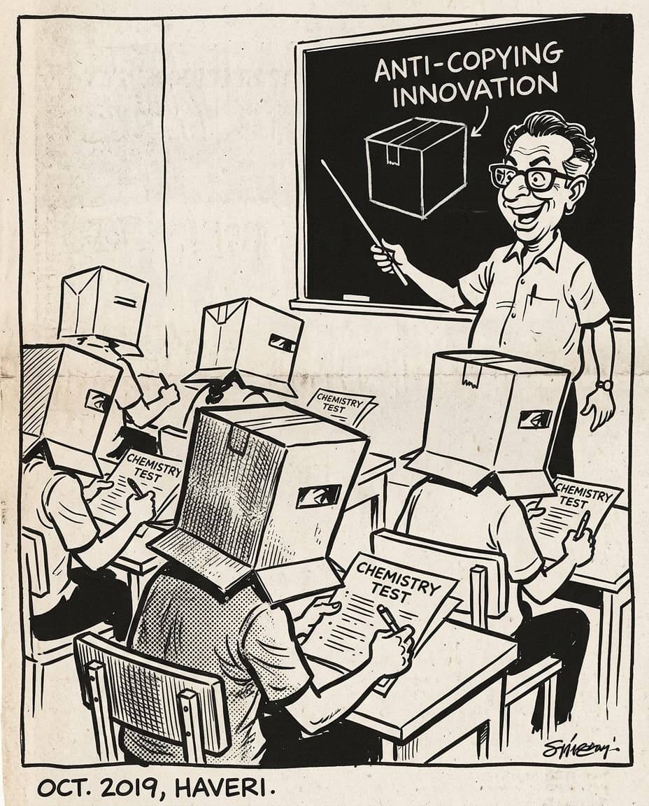 Black-and-white editorial cartoon of college students sitting at desks wearing cardboard boxes on their heads with eye-slits cut out while a proud principal points to a blackboard diagram labeled Anti-Copying Innovation.