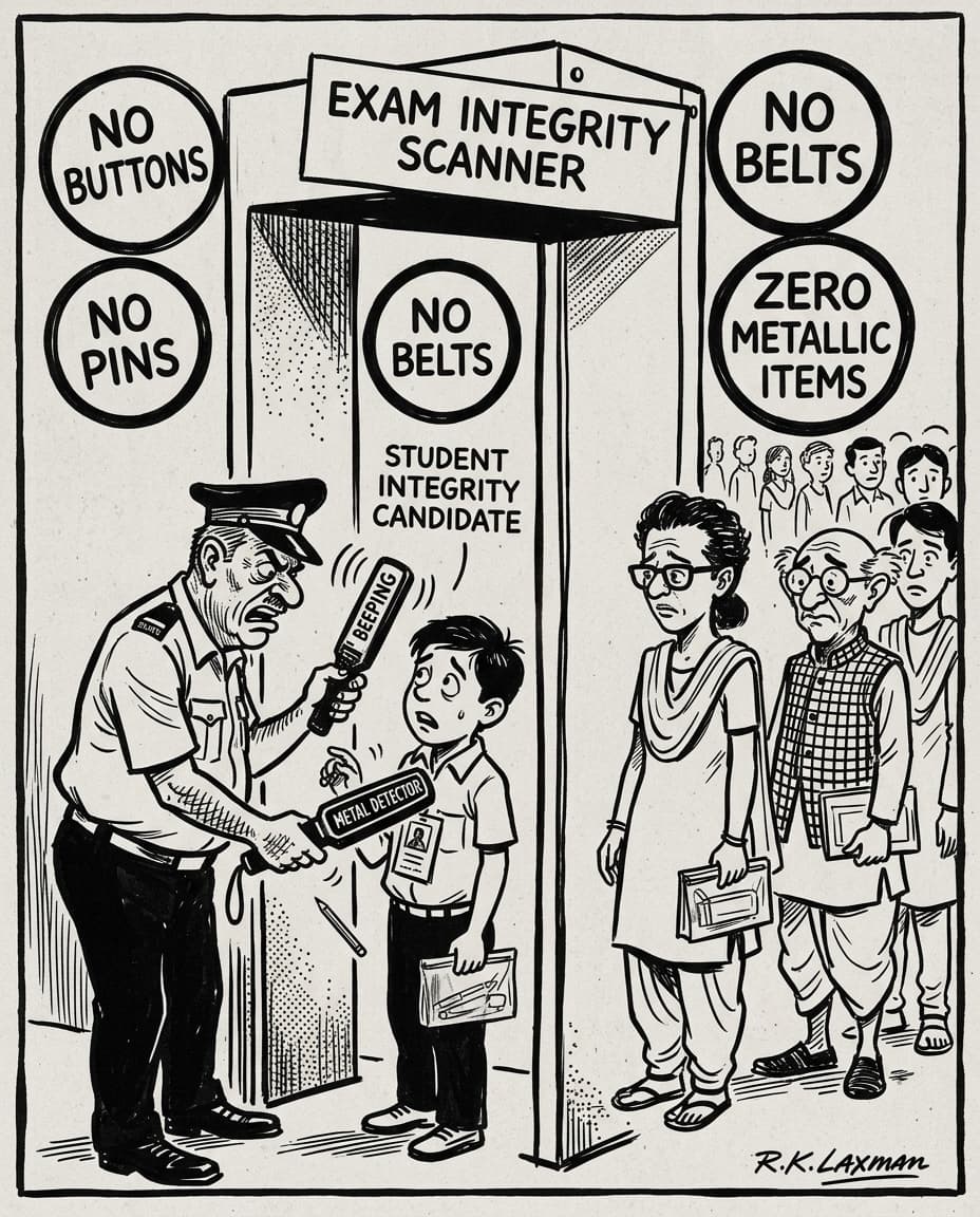 Black-and-white editorial illustration of a metal detector security gate labeled Exam Integrity Scanner where an overzealous guard scans a student pencil while signs read No Buttons and Zero Metallic Items.