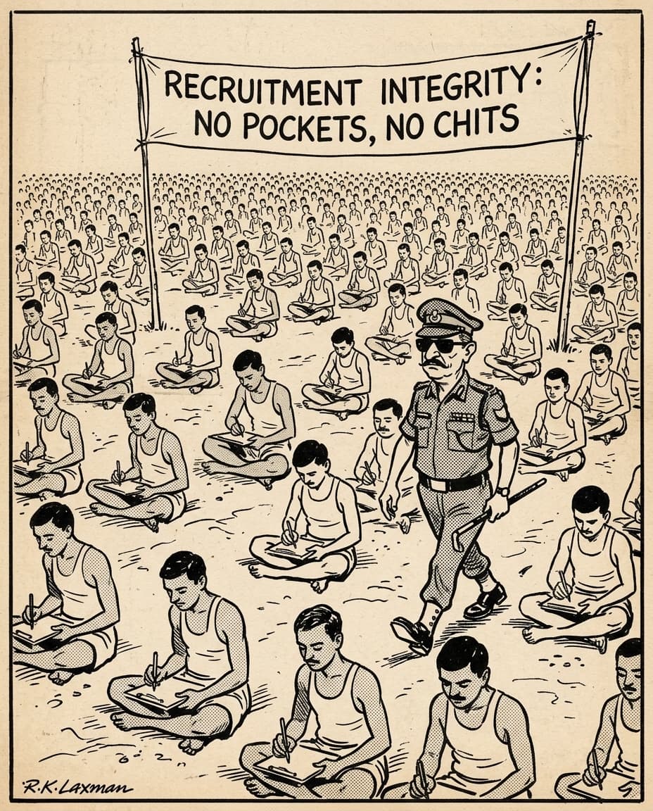 Black-and-white editorial cartoon of hundreds of army recruitment candidates in undershirts sitting cross-legged in an open field writing exams while an officer with sunglasses patrols under a banner reading Recruitment Integrity.